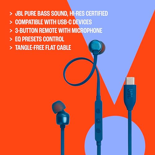 JBL Tune 310C - Wired Hi-Res in-Ear Headphones, Tangle-Free Flat Cable, 3-Button Remote with Microphone (Black) - color: Black, style: Wired headphone (Pack of 1)