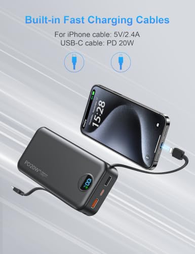 Ffnpua Portable Charger Power Bank 20000mAh PD20W w/Built-in Cables