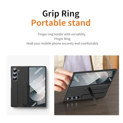 for Samsung Galaxy Z Fold 6 Protect Case with Wristband Stand,Bulit-in Screen & Lens Protection Shockproof Full Body Drop Fall Protection.(Black) - color: Black