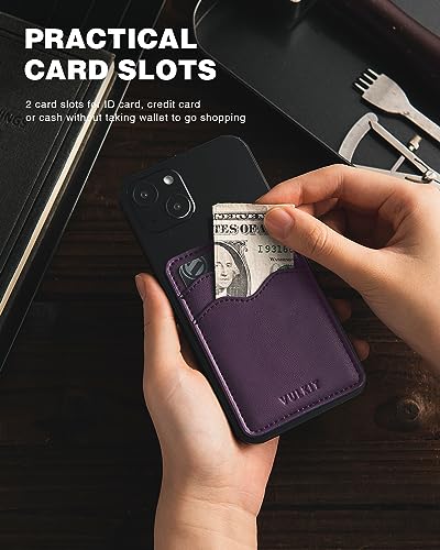 VULKIT Stick on Card Holder Compatible for iphone Leather Cell Phone Wallet Credit Card Case Strong Sticker for Women - color: Purple