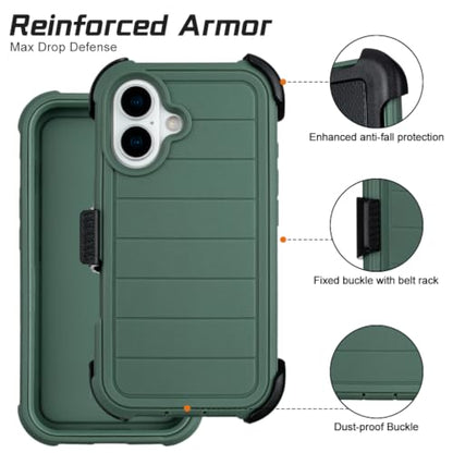 Defender Phone Case for iPhone 16 Case with Clip Holster Kickstand Green | for iPhone 16 Case Heavy Duty iPhone16 Phone Case Rugged 2 Layers of Sturdy,Anti-Drop for Phone Case iPhone 16Case Protective - color: Green