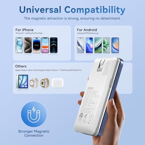 Magnetic 10000mAh Portable Charger for iWatch & iPhone, PD Fast Charging Wireless Power Bank Built-in Cables and Wall Plug, External Travel Battery Pack Compatible with iOS Android Phones - color: White