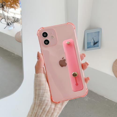 Compatible for iPhone 12 Case with Strap Holder Stand - Pink | Wristband Kickstand, Clear Soft TPU, Adjustable Finger Hand Grip Loop, Shockproof Bumper Rugged Cover - color: Chalk Pink, size: iPhone 12 6.1"