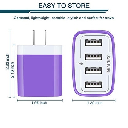 USB Charger Cube, Wall Charger Plug, AILKIN 4.8A 4-Muti Port USB Adapter - color: Purple