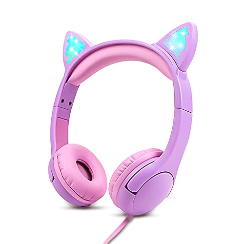 Olyre Kids Wired Headphones LED Light-Up Cat Ears Headset, Dual Audio Jack - color: Purple