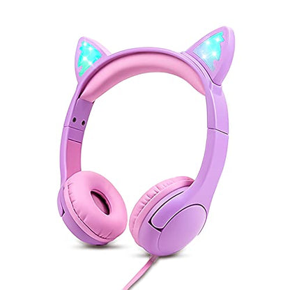 Olyre Kids Wired Headphones LED Light-Up Cat Ears Headset, Dual Audio Jack - color: Purple