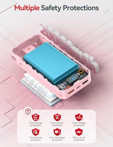 aonidi Portable Charger 20000mAh with Built-in Cables&AC Wall Plug, Pink - color: Light Pink