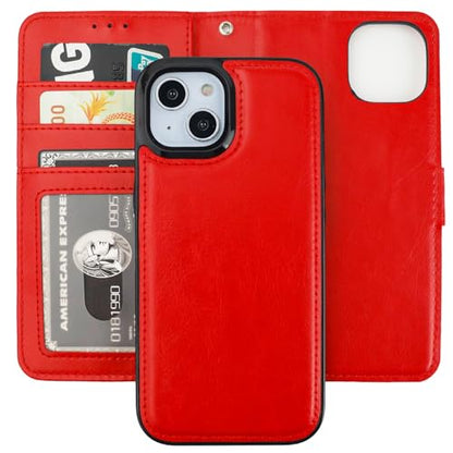 Bocasal Detachable Wallet Case Card Holder for iPhone 15, Red | RFID Blocking Kickstand Card Slots Holder PU Leather Magnetic Shockproof Wrist Strap Removable Flip Protective Cover 6.1 inch - color: Red