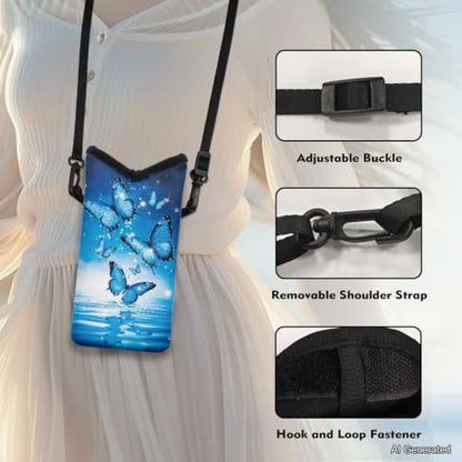 Men Women Small Crossbody Purses Mini Cellphone Pouch Case Phone Carrier Bag with Detachable Adjustable Strap for iPhone 16/15/14/13, Blue Butterfly Water Ripple Print - color: Blue Butterfly Water Ripple Print