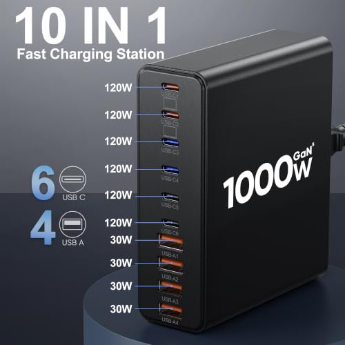 1000W USB C Charging Station with 240W USB C Cables - color: Black
