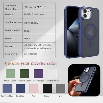 Magnetic iPhone 12/12Pro case,Compatible with Magsafe, Military-Grade Protection,Slim Translucent Matte Shockproof with Anti-Scratch Anti-Fingerprint Phone Cover (Dark Blue, iPhone 12/12Pro) - color: Dark Blue, size: iPhone 12/12Pro