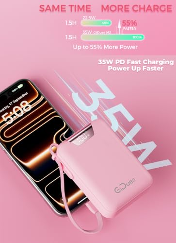 M2 Portable Charger, 20000mAh Power Bank, PD 35W Ultra Fast USB-C Built-in Cable, Compact Cute Mini External Battery Pack for iPhone, Samsung, Android iPad (Pink) - color: Pink