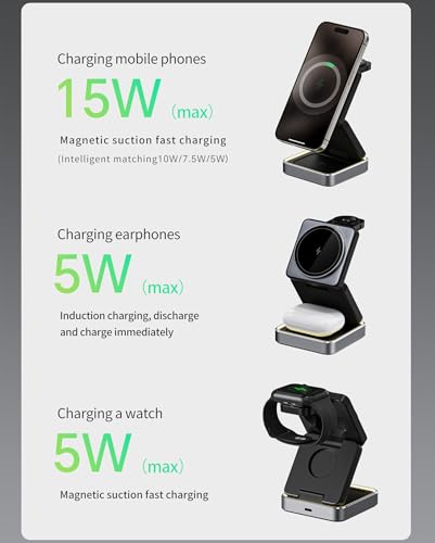 3 in 1 Wireless Charger for iPhone 17 16 15 14 13 12 11 Pro Max Foldable Wireless Charging Station with Night Light for MagSafe Travel Magnetic Charger Stand Fast Charging for AirPods Apple Watch B