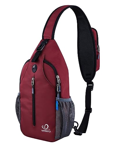 WATERFLY Crossbody Sling Backpack Sling Bag Travel Hiking Chest Bag Daypack | Small Hiking bag,Multi-compartment storage,Water-resistant,Breathable back pad,Reversible adjustable shoulder strap - color: Dark Red
