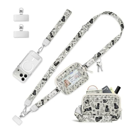 Clip and Go Strap for Phone with Wallet Crossbody Lanyard Boho Cat - color: Cats Flowers
