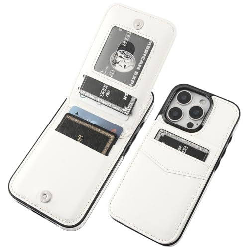 KIHUWEY for iPhone 16 Pro Wallet Case Card Holder Kickstand, White | Credit Card Slots, PU Leather, Magnetic Clasp, Flip Heavy Duty Protection Cover for Men and Women - color: White
