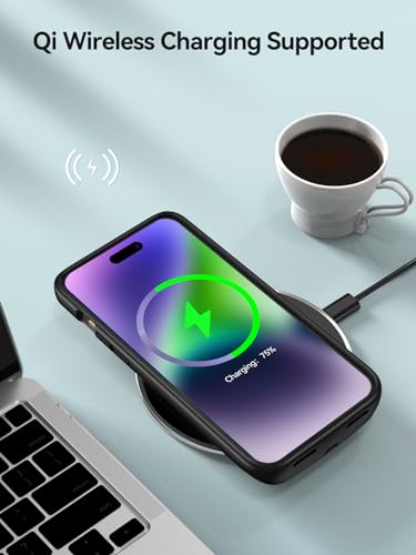 NEWDERY Battery Case for iPhone 14 Pro/14/13/13 Pro, 10000mAh Charger Case | Qi Wireless Charging & Wired Earphone & Sync-Data Supported, Portable Extended Battery Pack with Led Indicators
