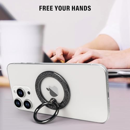 Guppy Magnetic Phone Ring Holder, Glitter Magnet Finger Ring Grip Stand Holder, 360° Rotation with Cell Phone Ring Stand, Compatible with MagSafe for iPhone 17 Pro Max 16 15 14 13 12 All-Black - color: Black