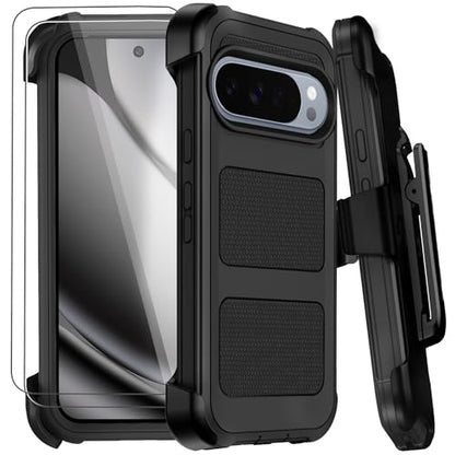 for Google Pixel 10 Pro XL Case with Belt Clip Holster,Military Grade Anti-Drop Shockproof Defender Phone Cases 2X Screen Protectors,2 Layers Rugged Heavy Duty Protective Bumper Cover (Black) - color: Black