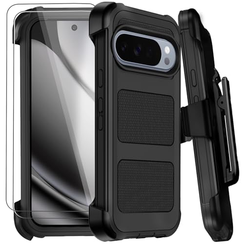 for Google Pixel 10 Pro XL Case with Belt Clip Holster,Military Grade Anti-Drop Shockproof Defender Phone Cases 2X Screen Protectors,2 Layers Rugged Heavy Duty Protective Bumper Cover (Black) - color: Black
