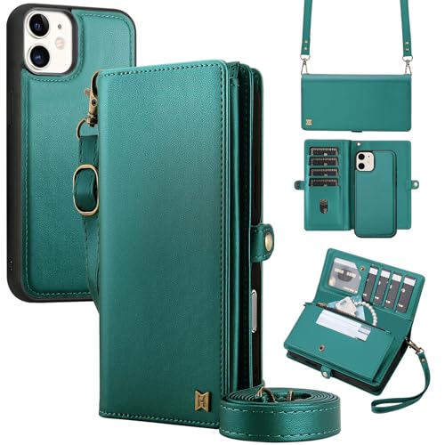 for Wallet Case Compatible with iPhone 11,Multi-Function Detachable 2 in 1 Magnetic iPhone 11 Wallet,Flip Strap Zipper Card Holder Phone Case with Shoulder Straps (Green) - color: Green, size: iPhone 11