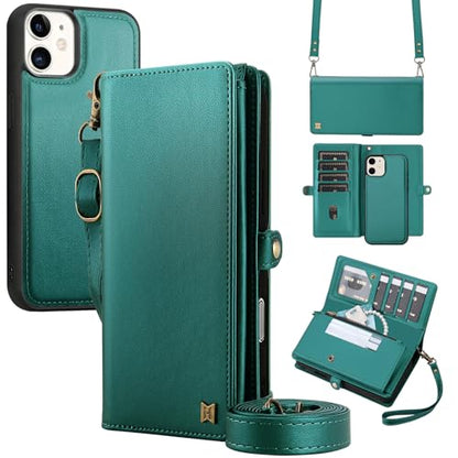 for Wallet Case Compatible with iPhone 11,Multi-Function Detachable 2 in 1 Magnetic iPhone 11 Wallet,Flip Strap Zipper Card Holder Phone Case with Shoulder Straps (Green) - color: Green, size: iPhone 11