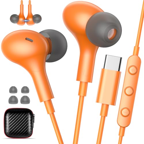 USB C Earbuds with Microphone Cute in Ear Wired Headphone - color: Orange Grey