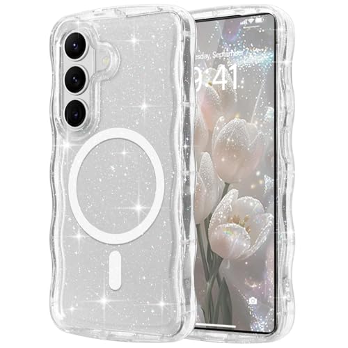 Pepmune Magnetic for Samsung Galaxy S26 Plus Case Clear Glitter, Mag Clear | Sparkly Bling Shiny Cute Curly Wave Cover for Women Men, Compatible with MagSafe, TPU Shockproof Protective Phone Case - color: Mag Clear, size: Samsung Galaxy S26 Plus