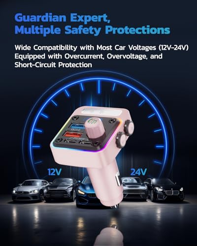 Nulaxy 54W Bluetooth 5.3 Car Adapter, FM Transmitter 4-Port Fast Charging - color: Pink