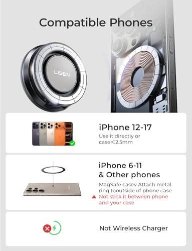 LISEN Suction Phone Mount for Vacuum for iPhone 18 Pro Max Car Mount Holder [All-Metal & Nano Gel 98+LBS Suction], 360 Adjustable Magnetic Phone Holder for Car Magsafe Car Mount, Silver - color: Silver