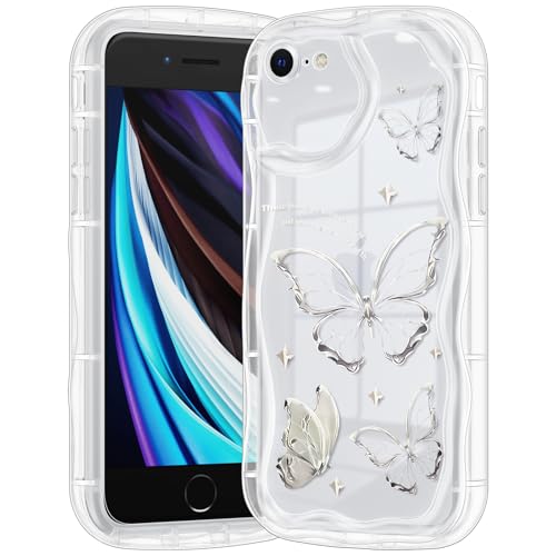 Compatible for iPhone SE/8/7 Case, Pretty Butterfly Print Three-Dimensional Wave Clear Case for Girls Women, Soft Full Package Anti-Fall Cover for iPhone SE/8/7, Silver Butterfly - color: Silver Butterfly, size: iPhone SE/8/7