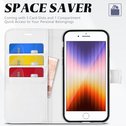 TUCCH Case Wallet for iPhone SE 2022/SE 2020/iPhone 8/7 (4.7"), White | 3 Card Holders, Kickstand, PU Leather, Shockproof TPU Shell, Magnetic Closure, Protective Folio Cover - color: White
