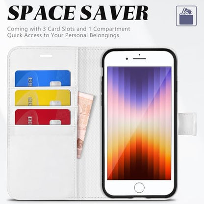 TUCCH Case Wallet for iPhone SE 2022/SE 2020/iPhone 8/7 (4.7"), White | 3 Card Holders, Kickstand, PU Leather, Shockproof TPU Shell, Magnetic Closure, Protective Folio Cover - color: White