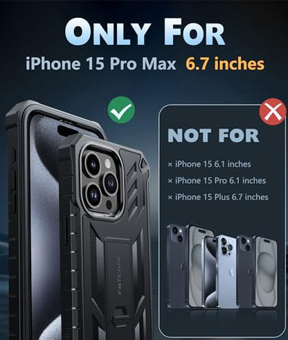 FNTCASE for iPhone 15 Pro Max Case, Built-in Screen Protector, Kickstand | Military-Grade Drop Protection, Anti-Slip Matte Textured, Rugged Heavy Duty Shockproof TPU Protective Cover - color: Black
