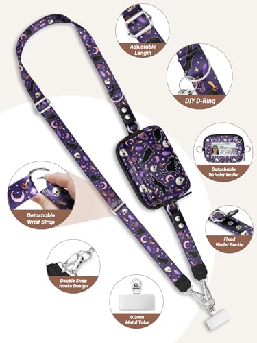 Clip and Go Strap for Phone with Wallet Crossbody Lanyard Goth Cat - color: Cats Skull