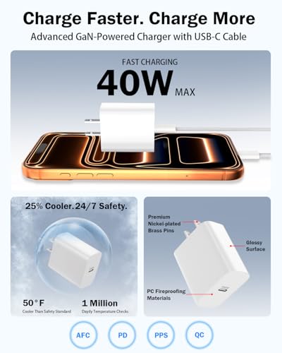 40W GaN III USB C Charger Block with 10FT Cable, PD 3.0 PPS Fast Charging - color: White