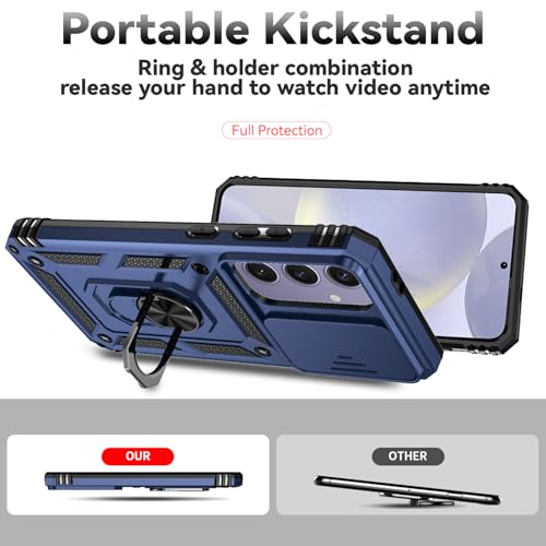 for Samsung Galaxy S24 FE Case with Camera Lens Cover HD Screen Protector, Dual Layer Military-Grade Drop Tested Magnetic Ring Holder Kickstand Protective Phone Case for Galaxy S24 FE (Navy Blue) - color: Navy Blue with camera cover Military-Grade 2nd gen