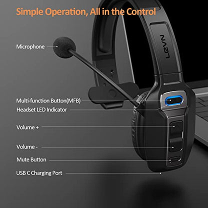 LEVN Bluetooth Headset with Microphone, Trucker Bluetooth Headset with AI Noise Cancelling & Mute Button, Wireless On-Ear Headphones 65 Hrs Working Time, for Trucker Home Office Remote Work Zoom - color: Black