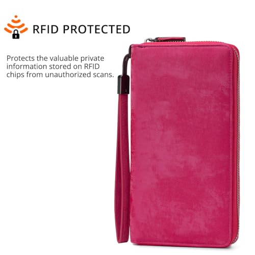 Bveyzi Women RFID Blocking Wallet Leather Zip Around Phone Clutch Large Capacity Ladies Travel Purse Wristlet - color: Hot Pink