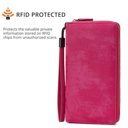 Bveyzi Women RFID Blocking Wallet Leather Zip Around Phone Clutch Large Capacity Ladies Travel Purse Wristlet - color: Hot Pink