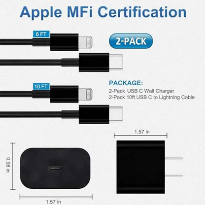 iPhone Charger Fast Charging, USB C Charger Block, 6FT/10FT Lightning Cable - color: black