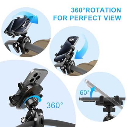 Stroller Phone Holder, Universal Handlebar Phone Mount with 360° Rotation for Golf Cart, Shopping Cart, Spin Bike, Treadmill & Boat - Clamp Fits All iPhone & Android Phones