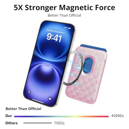 Magnetic Wallet Cell Phone Card Holder for Phone Case with Mag-Safe | Stronger Magnetic RFID Leather Phone Wallet Stick on Series of iPhone 17/16/15/14/13/12 and Pro/Promax, Holo Pink - color: Holo Pink, size: 1 Pack