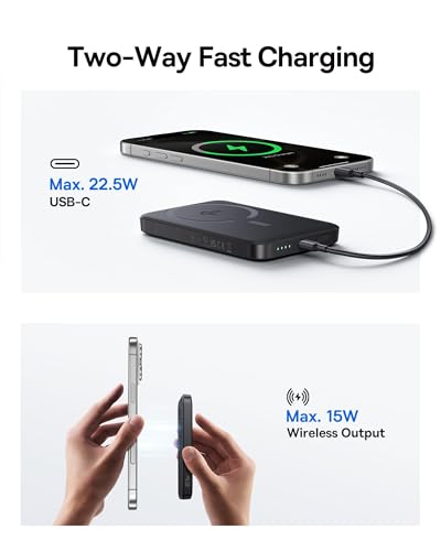 Baseus for MagSafe Portable Charger, Qi2 Certified 15W Wireless Magnetic Power Bank 10000mAh with USB-C Cable 22.5W PD Charging, Battery Pack Compatible with iPhone 18/17/16/15/14 Pro/Pro Max Series - color: Black