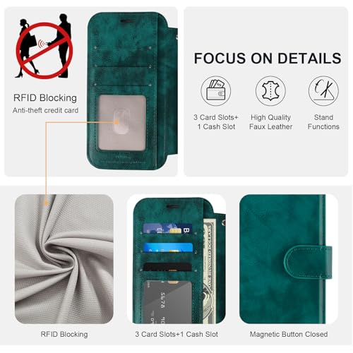 VANAVAGY Wallet Case for iPhone 11 6.1 inch, Midnight Green | 12ft Drop-proof Cover for Women Men, Silm PU Leather, RFID Blocking Card Holder, Wrist Strap, Screen Protector - color: Midnight Green