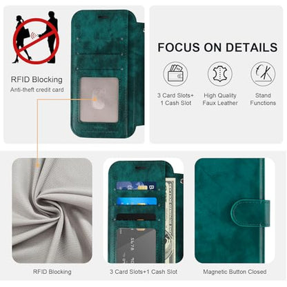 VANAVAGY Wallet Case for iPhone 11 6.1 inch, Midnight Green | 12ft Drop-proof Cover for Women Men, Silm PU Leather, RFID Blocking Card Holder, Wrist Strap, Screen Protector - color: Midnight Green