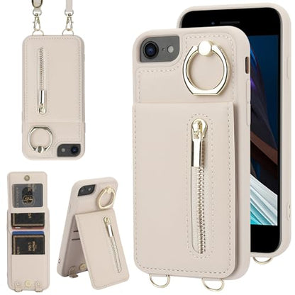 Crossbody Wallet Case for iPhone 7/8/SE 2020/SE 2022, with Card Slots Zipper Pocket Case, Flip Folio Purse RFID Blocking with Ring Kickstand Detachable Strap-Beige - color: Beige, size: iPhone 7/8/SE 2020/SE 2022 (4.7")