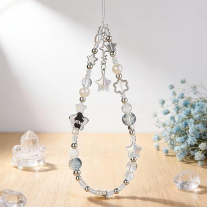 Cute Beaded Camera Wrist Strap for Phone, Digital Camera Charm Lanyard, Pearl Beaded Chain for Bag Keychain Gift - color: Star