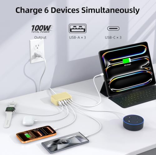 100W 6 in 1 USB Charger, 50% Smaller Charging Station for Multiple Devices - color: Yellow