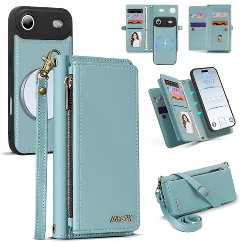 for iPhone 17 Air Wallet Case, Detachable Magnetic Phone Case,Faux Leather Strap Wallet,with RFID Blocking，Zipper Card Holder，Shoulder Straps (Blue) - color: Blue, size: iPhone 17 Air